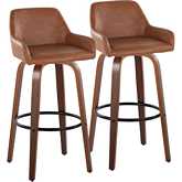 Daniella 30" Swivel Bar Stool in Walnut Wood & Camel Leatherette with Black Footrest (Set of 2)